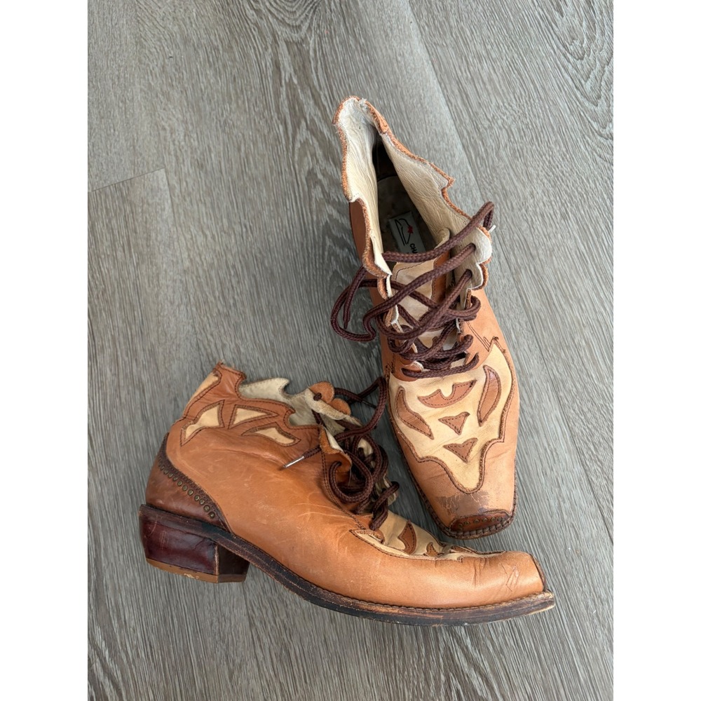 Vintage Italian Leather Western Lace Up Boots Tan Square Toe Studded 36